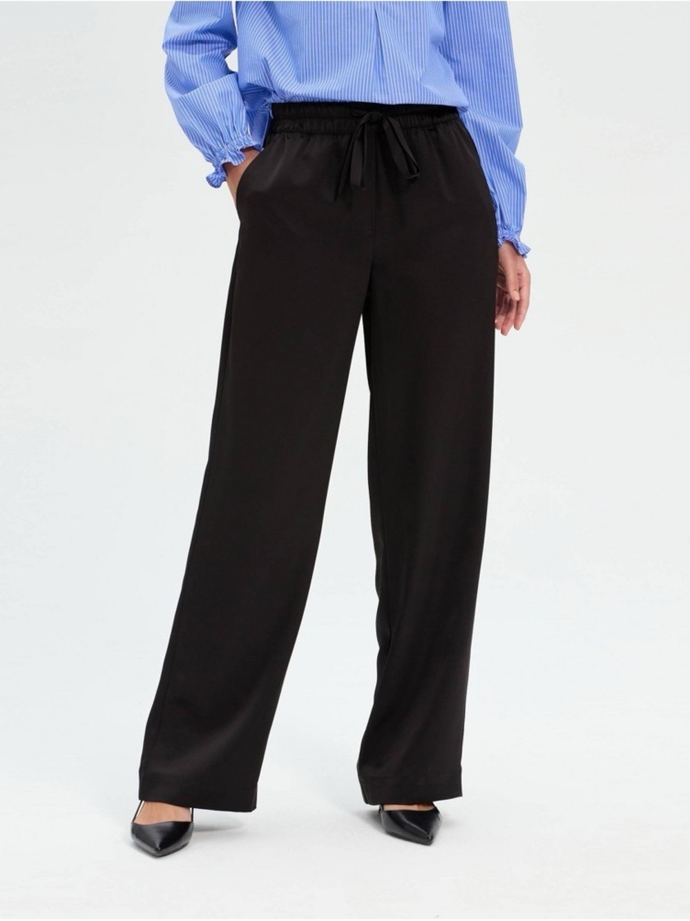 a new day Black Wide-Leg Drawstring Trousers b156s
